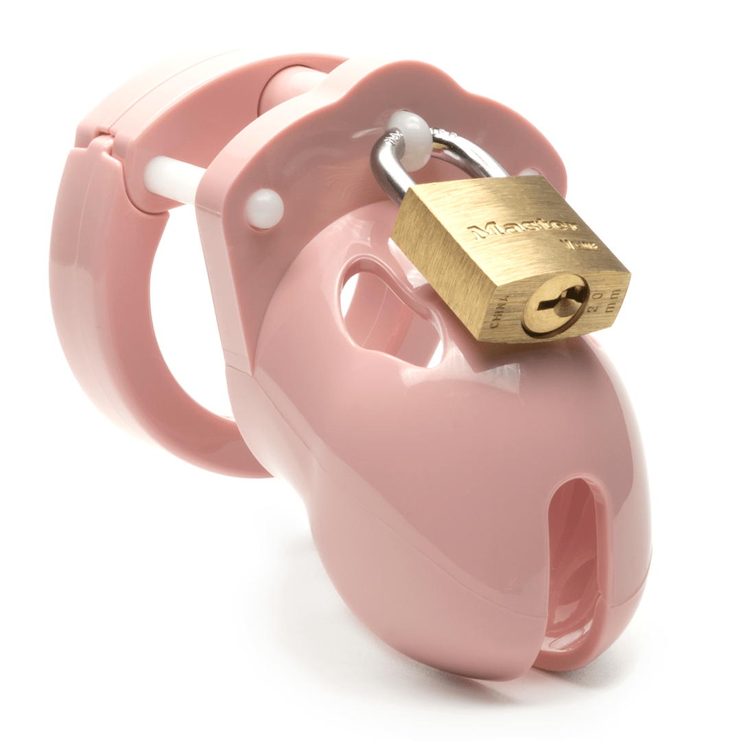 Front view, with tip angled to the right of a fully-assembled pale bubblegum pink Mr. Stubb penis chastity cage. Three white locking pins connect the base ring to the penis cage and a brass padlock is secured through a hole on the center locking pin.