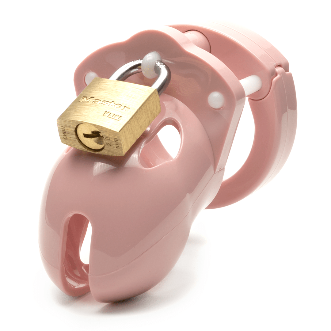 Front view, with tip angled to the left of a fully-assembled pale bubblegum pink Mr. Stubb penis chastity cage. Three white locking pins connect the base ring to the penis cage and a brass padlock is secured through a hole on the center locking pin.