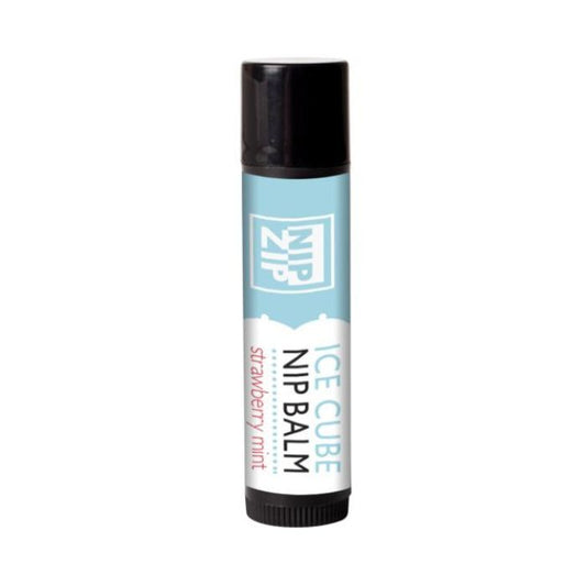 Nip Zip strawberry mint Nipple Arousal Balm in black chapstick tub with white and blue label.