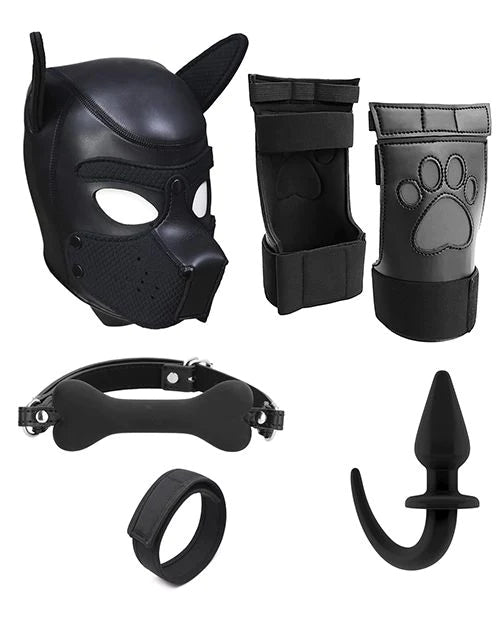 black neoprene puppy full mask, gloves, collar with bone, wrist cuff, and plug with tail