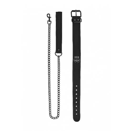 black neoprene belt style collar next to image of attached metal leash