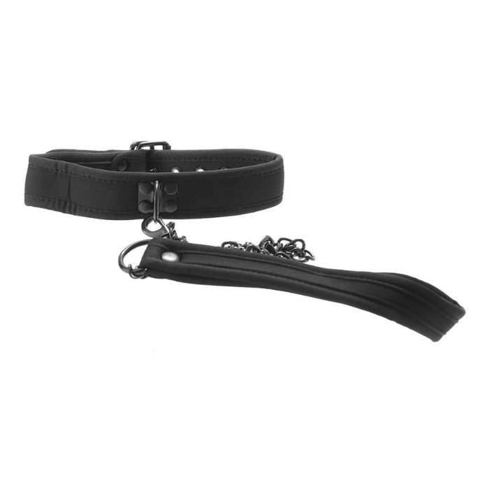 black neoprene collar with leash attached showing the neoprene leash handle