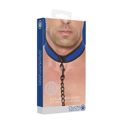 packaged blue and black puppy play neoprene collar with leash shown on male neck
