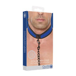 packaged blue and black puppy play neoprene collar with leash shown on male neck