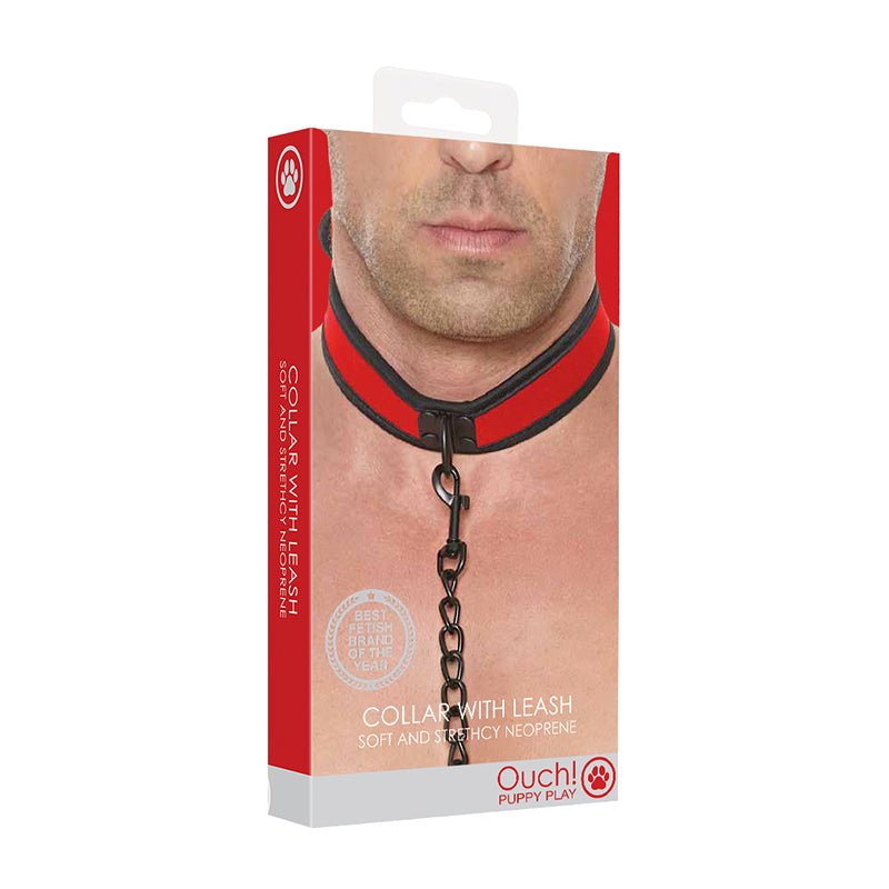 packaged red and black puppy play neoprene collar with leash shown on male neck