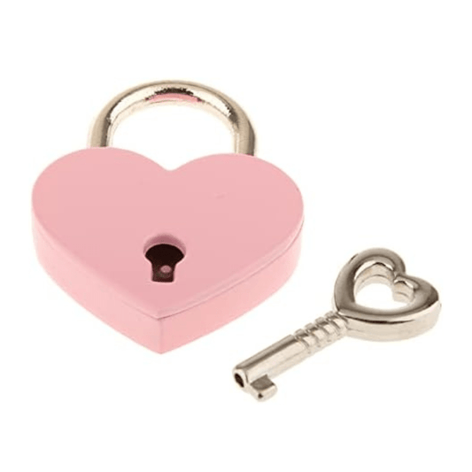 front view of pale pink heart shaped lock with steel shackle and silver heart shaped antique key