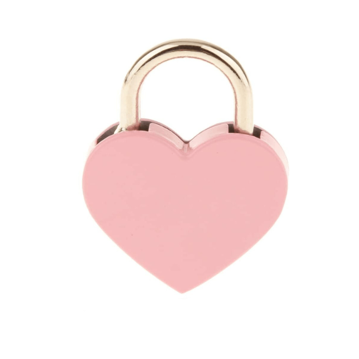 back view of pale pink heart shaped lock with steel shackle.