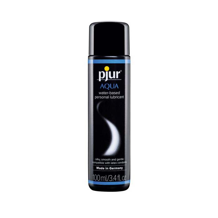 Front of Pjur Aqua Water-Based personal lubricant, in a 3.4oz / 100mL bottle. Bottle is black with blue accents and white text. 