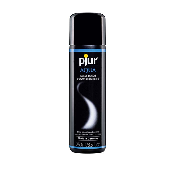Front of Pjur Aqua Water-Based personal lubricant, in a 8.5oz / 250mL bottle. Bottle is black with blue accents and white text. 