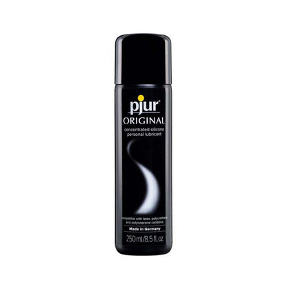Front of Pjur Original Concentrated Silicone personal lubricant, in a 8.5oz / 250mL. Bottle is black with white accents and white text. 