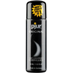 Front of Pjur Original Concentrated Silicone personal lubricant, in a 1.02oz / 30mL. Bottle is black with white accents and white text. Yellow multi pointed star sticker states "men's fitness, rated 