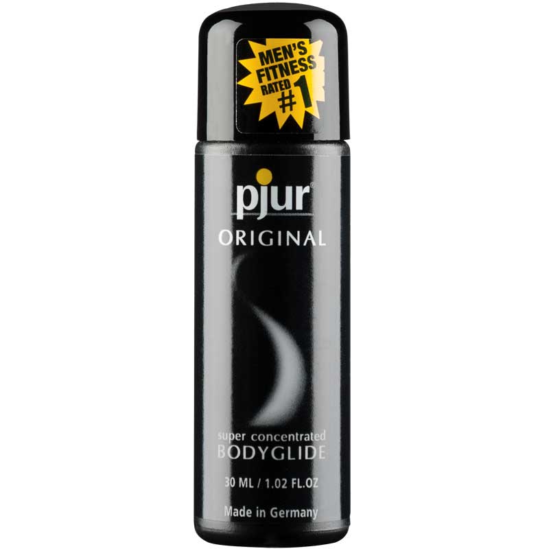 Front of Pjur Original Concentrated Silicone personal lubricant, in a 1.02oz / 30mL. Bottle is black with white accents and white text. Yellow multi pointed star sticker states "men's fitness, rated 