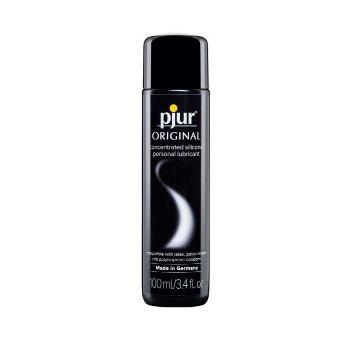 Front of Pjur Original Concentrated Silicone personal lubricant, in a 3.4oz / 100mL. Bottle is black with white accents and white text. 