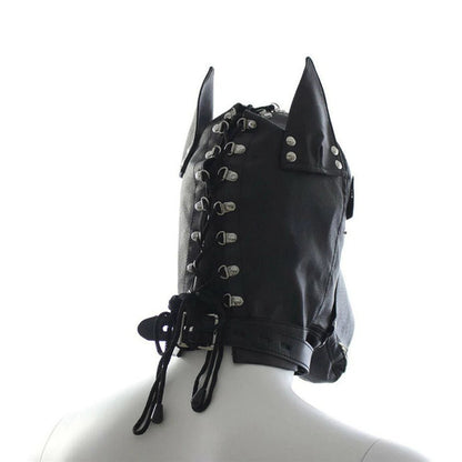 locking lace-up vegan leather dog hood mask with zipper mouth
