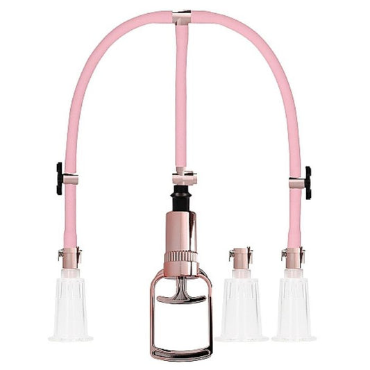 Pumped Clitoral & Nipple Pump Set with three clear cups, pink tubing, and rose gold accents