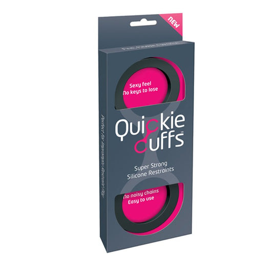 grey and pink packaging of black quickie cuffs