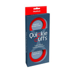 grey and navy blue packaging of red quickie cuffs