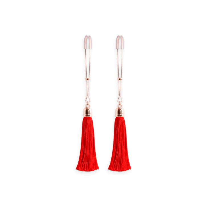 Rose Gold Tweezer Nipple Clamps with Red Tassels