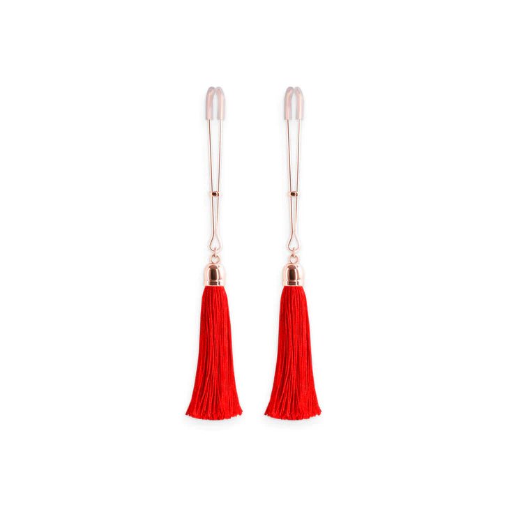 CB - X - Rose Gold Tweezer Nipple Clamps with Red Tassels