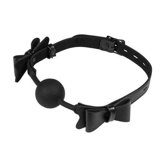 black Bow Tie Ball Gag with silicone gag, two leather bows on each side of ball, and buckle strap