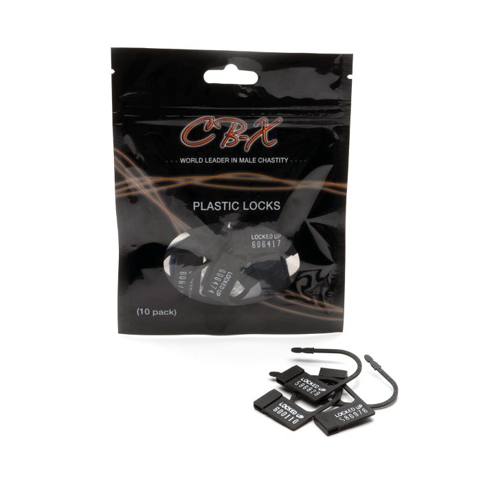 cb-x logo black poly bag with 4 black plastic single use individually numbered locks laying in front