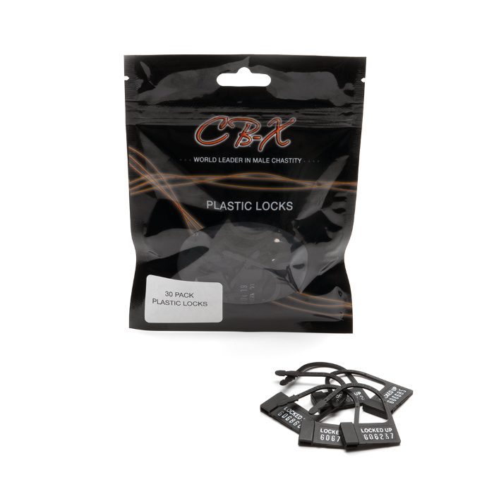 cb-x logo black poly 30 pack bag with 5 black plastic single use individually numbered locks laying in front