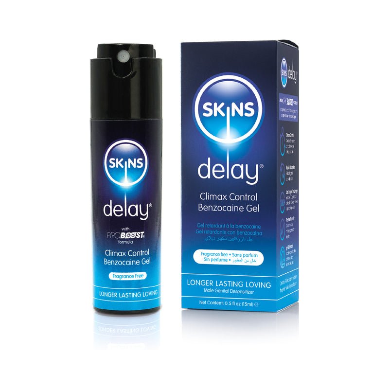 black 0.5 oz bottle with blue and black SKINS label for Skins Benzocaine Delay Gel Serum