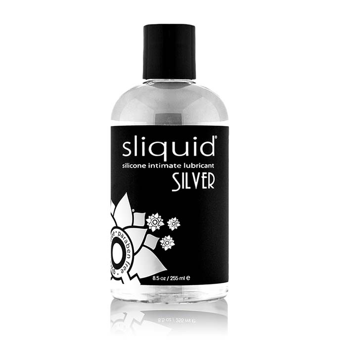 Front of Sliquid Silver Naturals Silicone lubricant, 8.5oz. / 255mL. Bottle is clear with a black label, white text and a black cap. 
