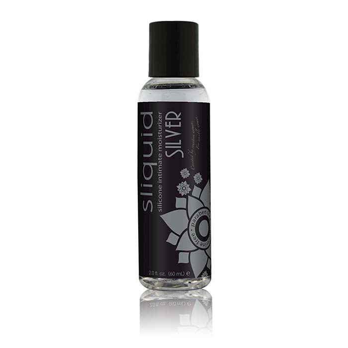 Front of Sliquid Silver Naturals Silicone lubricant, 2oz. / 60mL. Bottle is clear with a black label, white text and a black cap. 