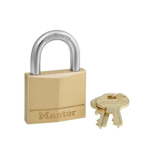 Brass padlock engraved with Master on the face and two gold keys on key ring