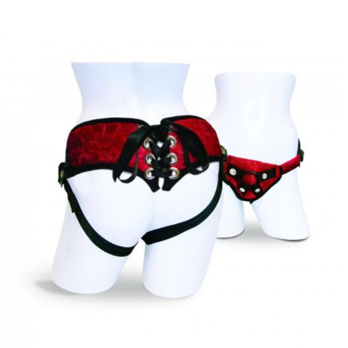 red lace with black accents and black ribbon tie up on back Corsette Strap On