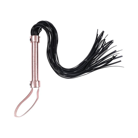Sex & Mischief Brat Flogger with rose gold wrap handle and strap and black whips