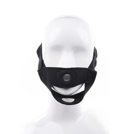 black strap on face harness with o-ring hole for dildo and hole in bottom strap for chin on mannequin head