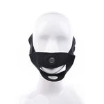 black strap on face harness with o-ring hole for dildo and hole in bottom strap for chin on mannequin head