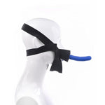 side view black strap on face harness with didlo in place through o-ring hole on mannequin head
