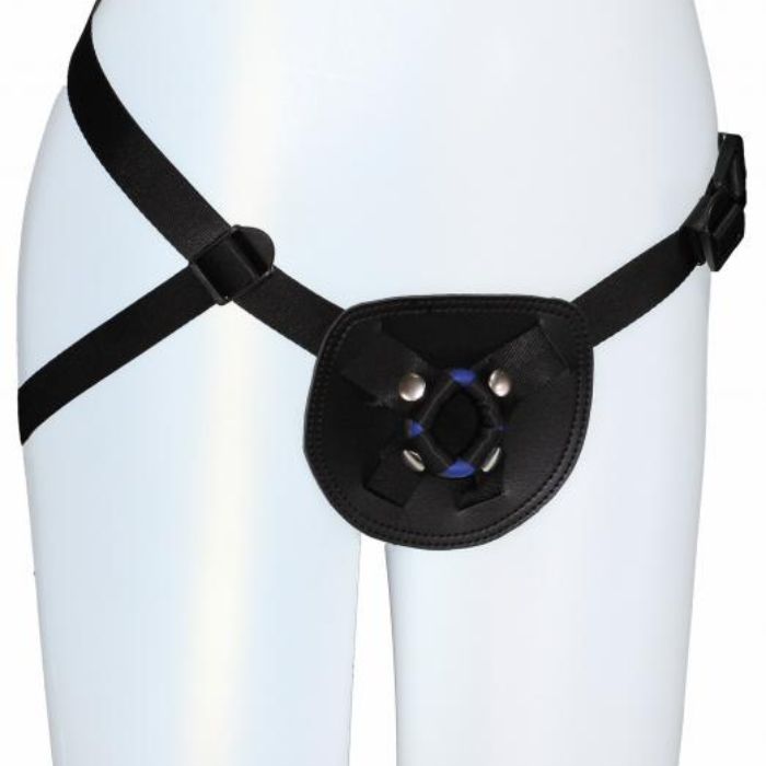 black SX For You Beginners Strap On Harness with purple o-ring installed on mannequin