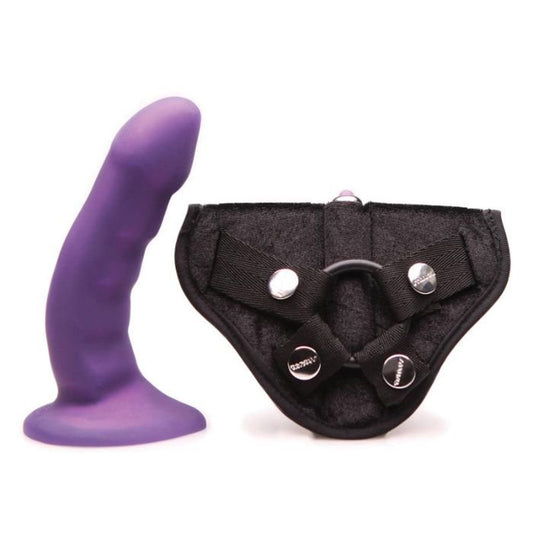 midnight purple tantus curve dildo and black strap on harness with silver metal accents