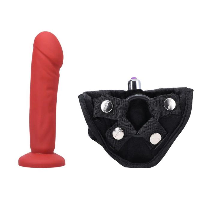 red Tantus Vamp dildo and black with silver detail Strap On Harness Kit with bullet vibrator inserted in front pocket of harness and black o-ring.