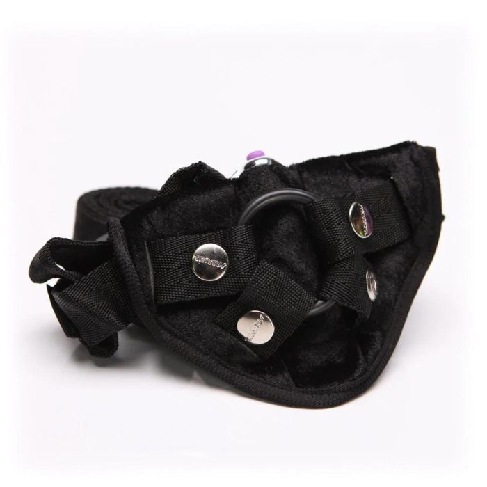 black with silver detail Strap On Harness with bullet vibrator inserted in front pocket of harness and black o-ring.