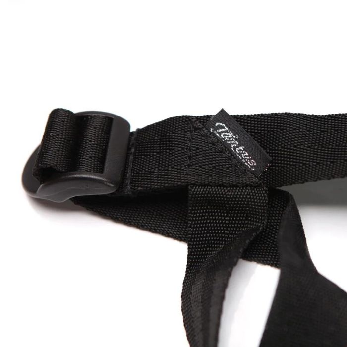adjustable strap buckle detail of black harness