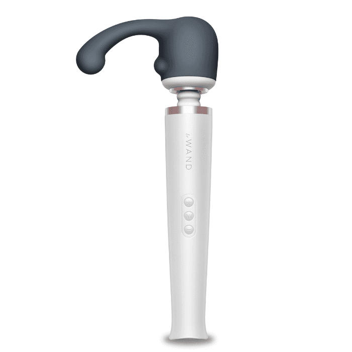 side view grey curved arm with bulbous head wand attachment on le wand vibrating wand