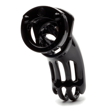 back side view of The Curve black CB-X chastity kit full assembled with cage angled to the right