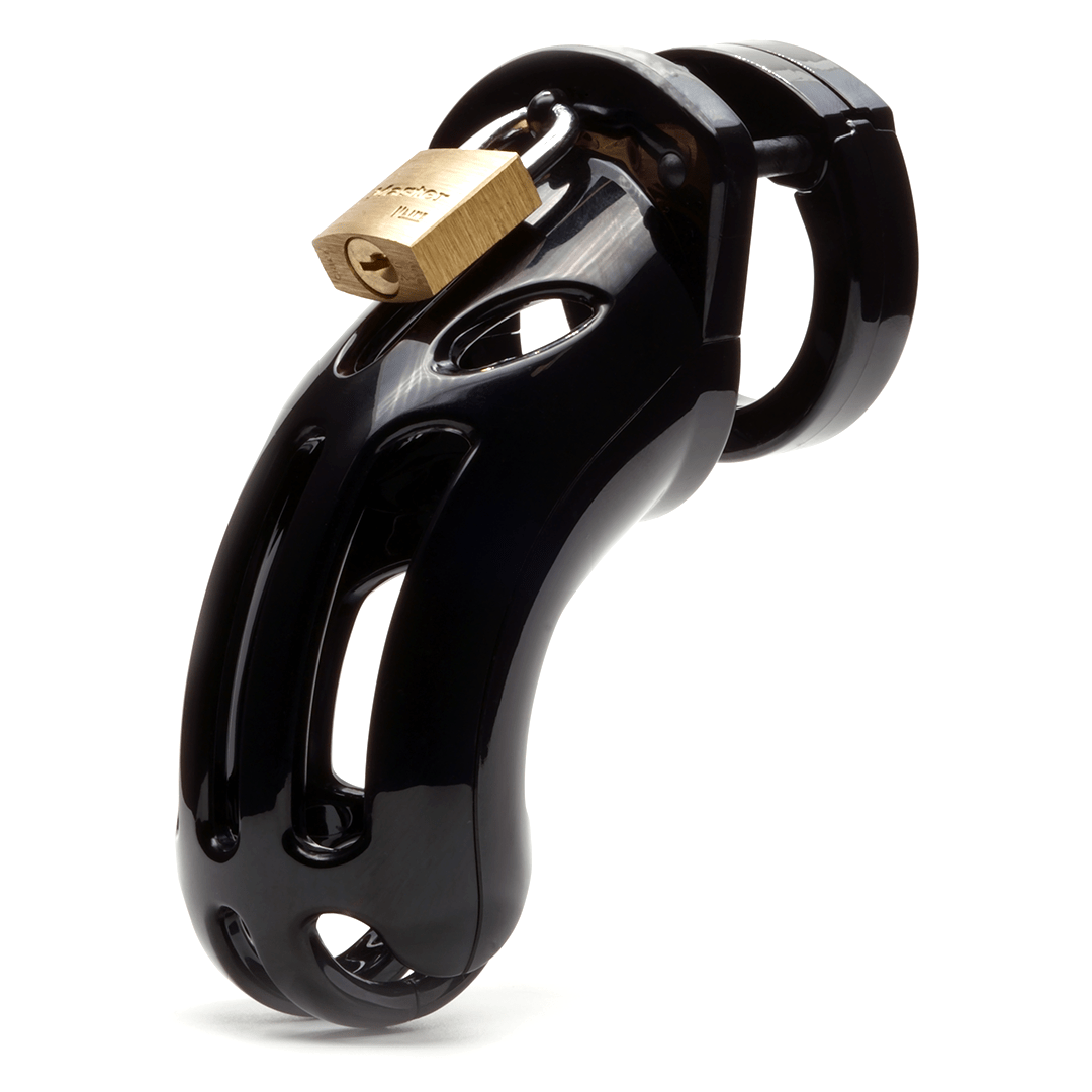 curve black CB-X chastity kit full assembled with cage angled to the left