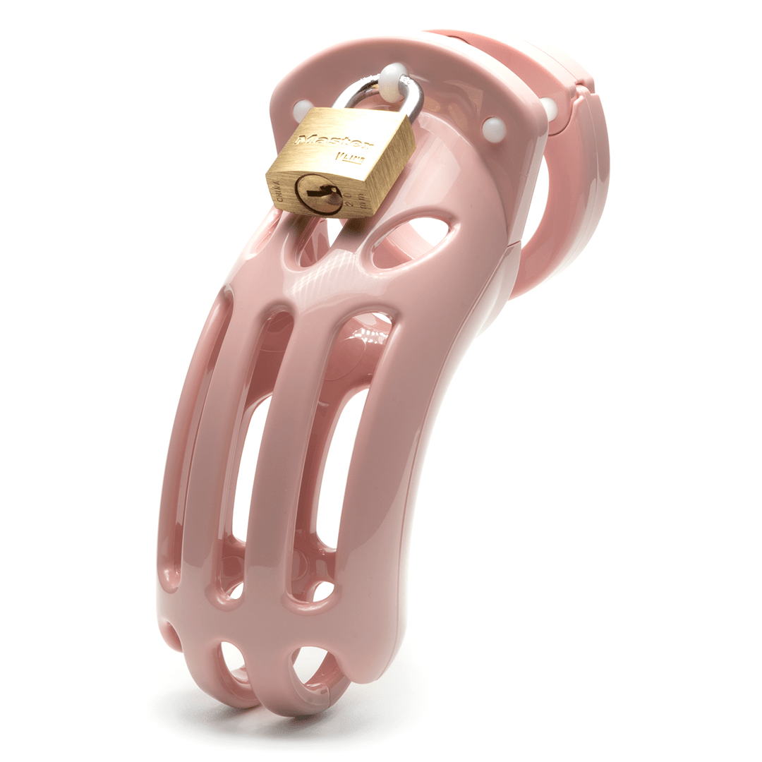 front view of curve pink CB-X chastity kit full assembled with cage angled to the left