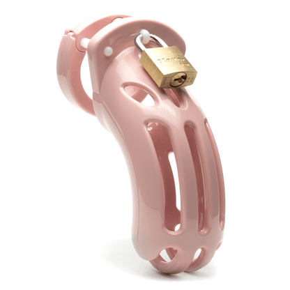 front view of curve pink CB-X chastity kit full assembled with cage angled to the right