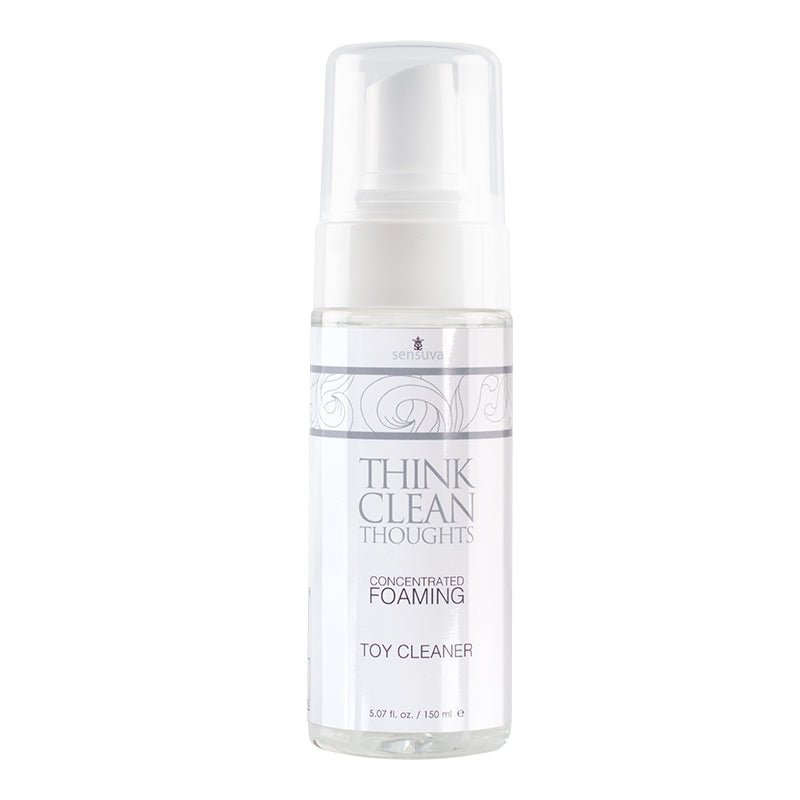 Front of Think Clean Thoughts concentrated Foaming Toy Cleaner 5.07 ounce bottle. Bottle is clear with white label and silver text. Bottle top is a white foaming pump lid and clear cap.