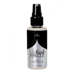 Front of Tush Tingle anal stimulation gel 2 ounce bottle with black test and silver accents. The lid is a squirt pump style with out cap.