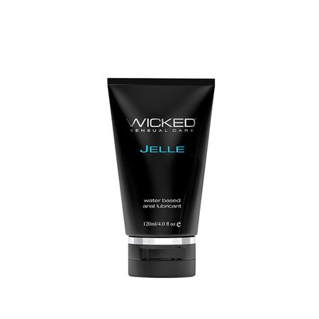 Front of Wicked sensual care Jelle water-based anal lubricant, 4 ounce black squeeze style bottle with black flip top cap. Cap is on the bottom of the bottle to stand the bottle upright.